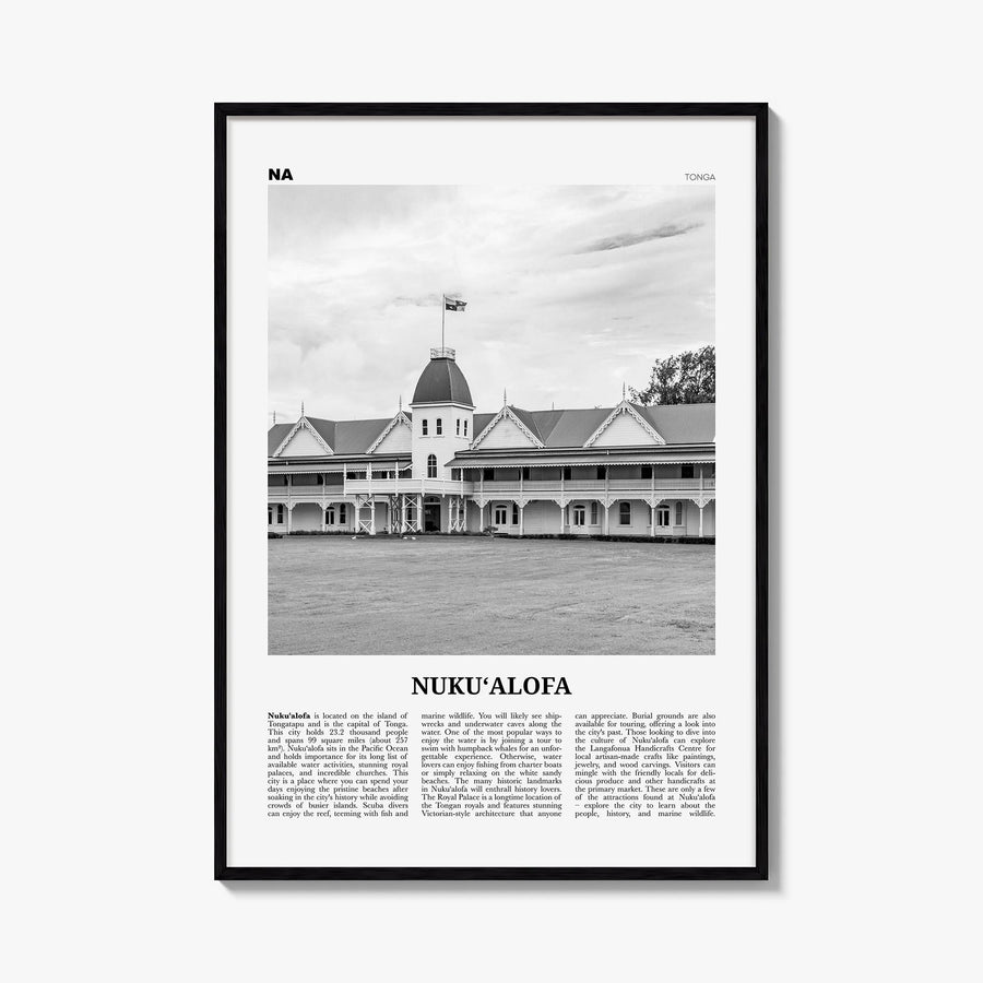 Nuku'alofa black & white newspaper poster of Tonga – vertical wall art, unframed print shown in interior mockup