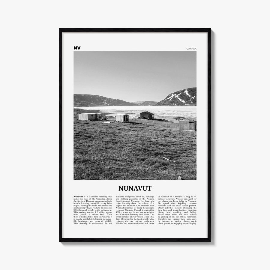Nunavut black & white newspaper poster of Canada – vertical wall art, unframed print shown in interior mockup