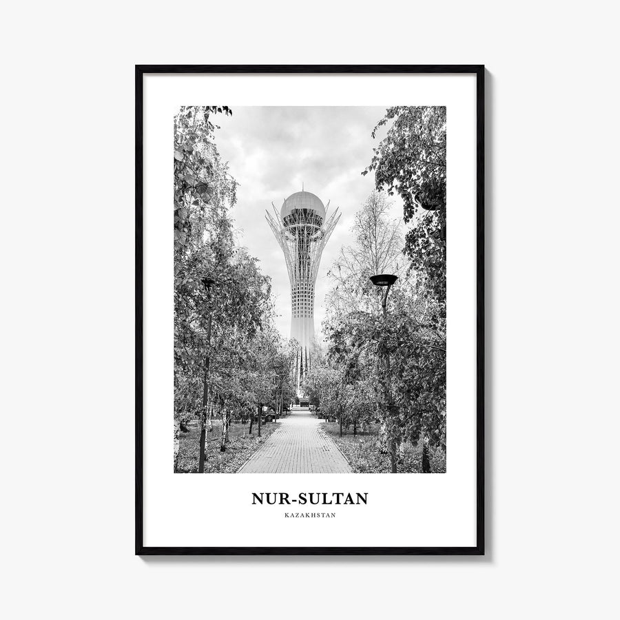 Nur-Sultan black & white classic poster of Kazakhstan – vertical wall art, unframed print shown in interior mockup