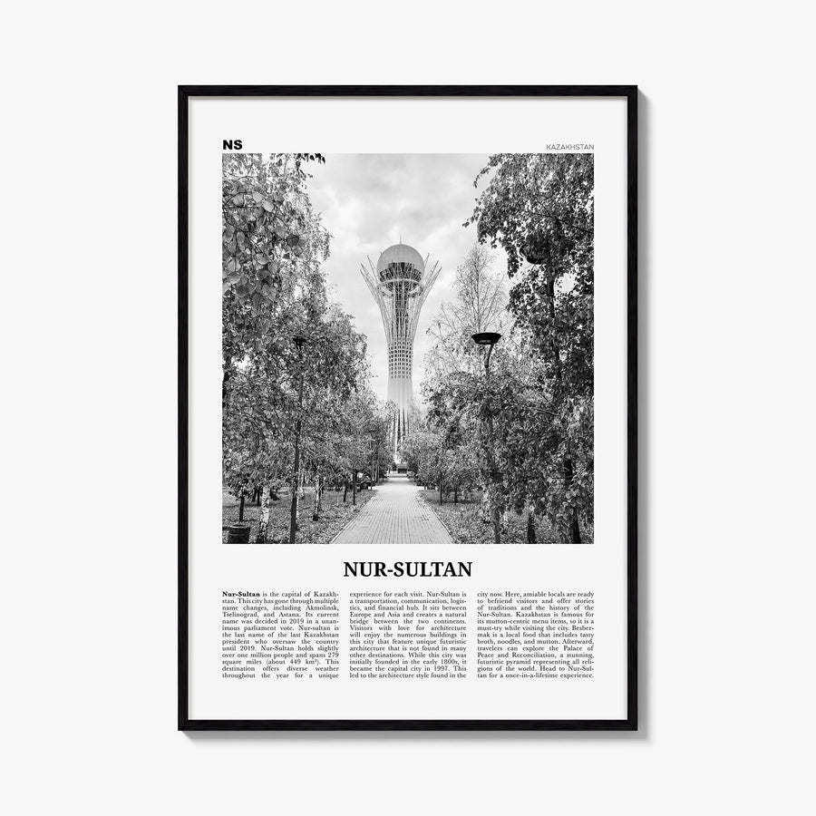 Nur-Sultan black & white newspaper poster of Kazakhstan – vertical wall art, unframed print shown in interior mockup