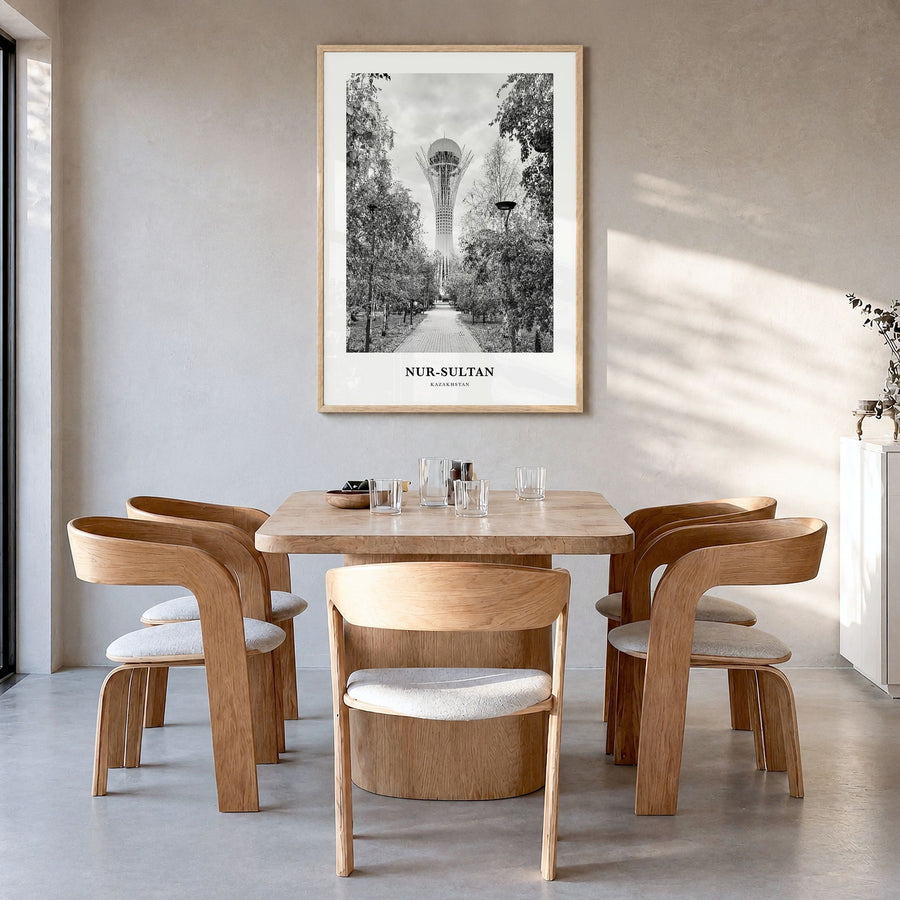 Nur-Sultan Classic Poster in a natural wood frame, hanging in a dining room