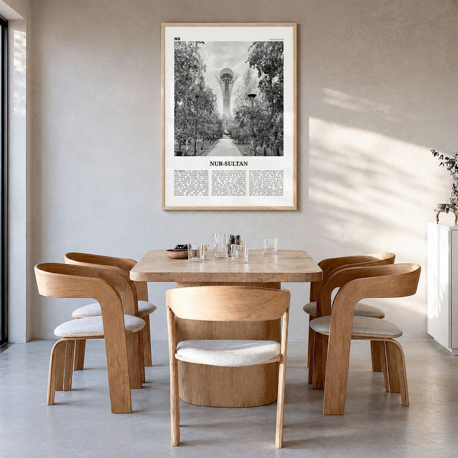 Nur-Sultan Newspaper Poster in a natural wood frame, hanging in a dining room
