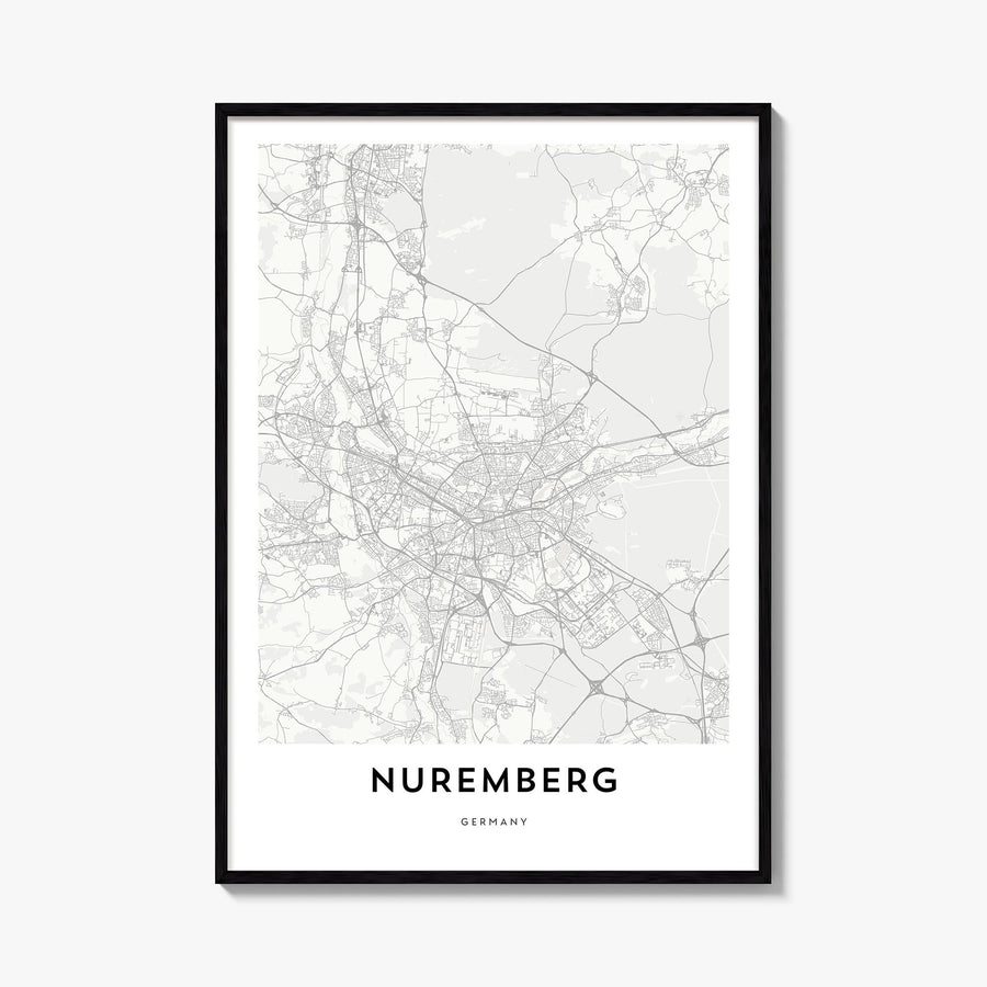 Nuremberg black & white map poster of Germany – vertical wall art, unframed print shown in interior mockup