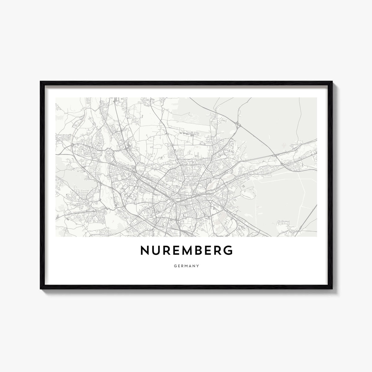 Nuremberg black & white map poster of Germany – horizontal wall art, unframed print shown in interior mockup