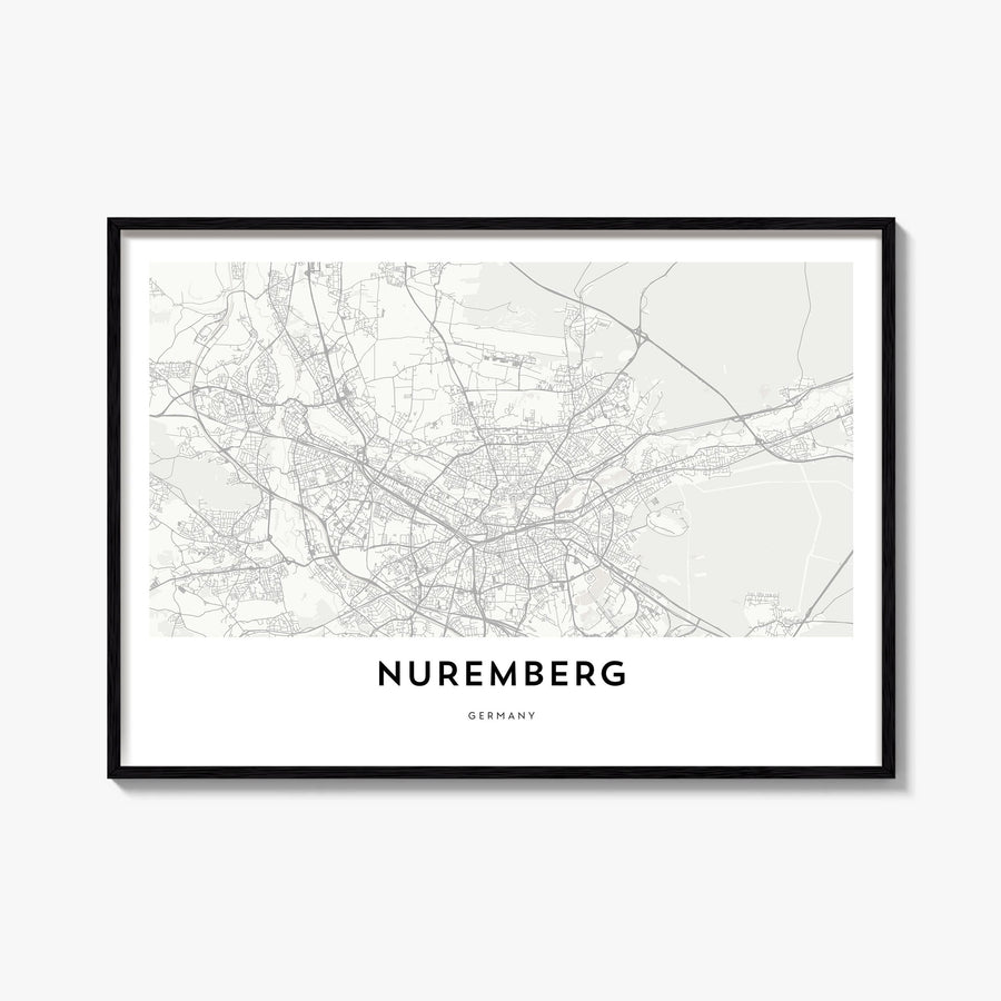 Nuremberg black & white map poster of Germany – horizontal wall art, unframed print shown in interior mockup