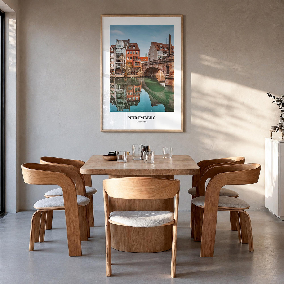 Nuremberg colorful classic poster of Germany – vertical wall art in natural wood frame, hanging on wall