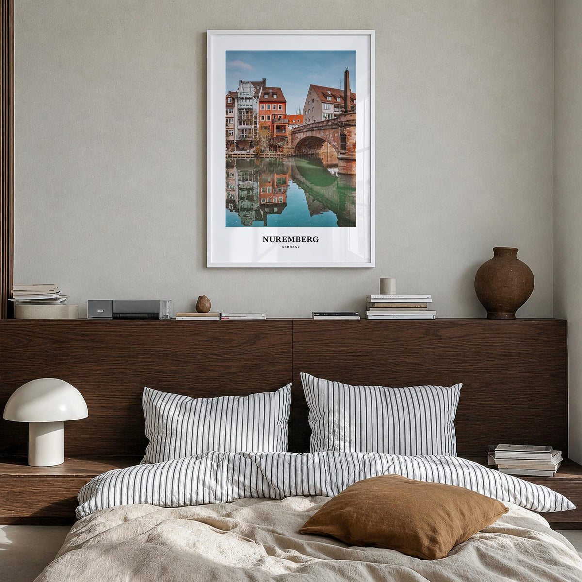 Nuremberg colorful classic poster of Germany – vertical wall art in white wood frame, hanging on wall