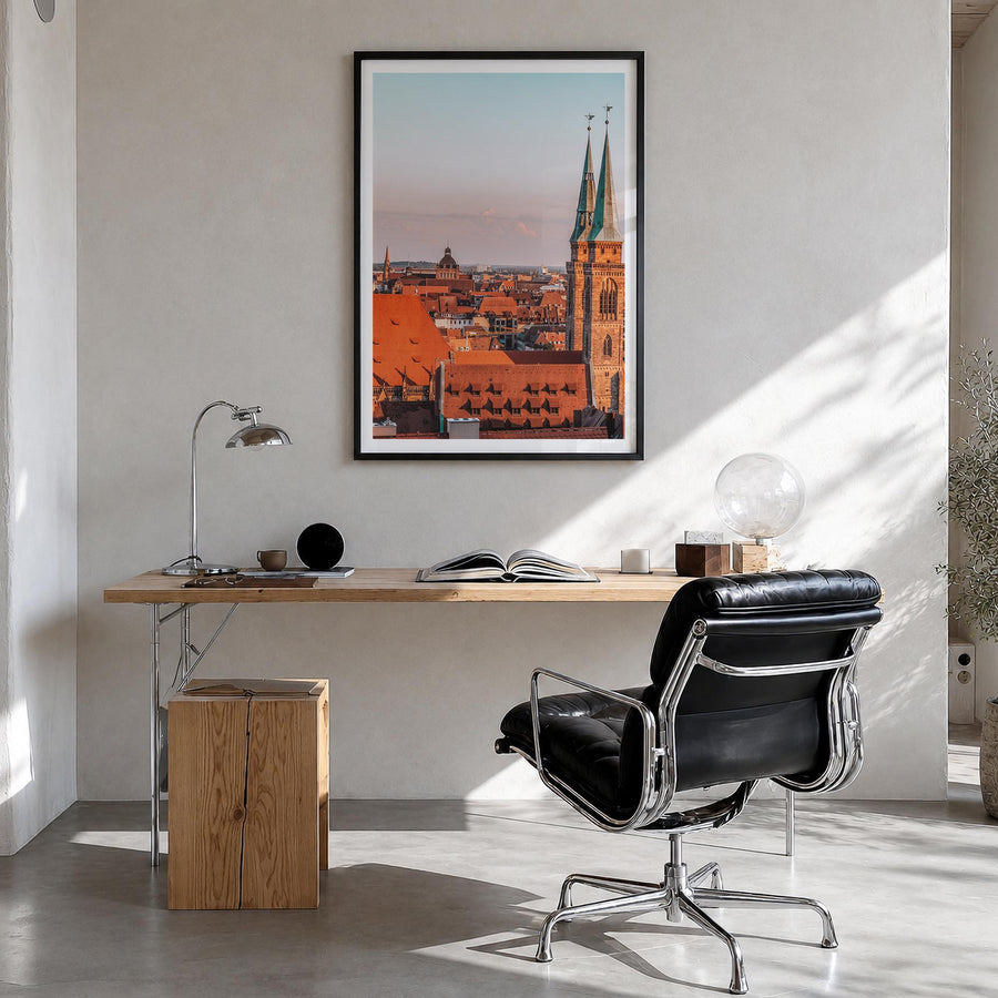 Nuremberg colorful photo poster of Germany – vertical wall art in black wood frame with white border, hanging on wall