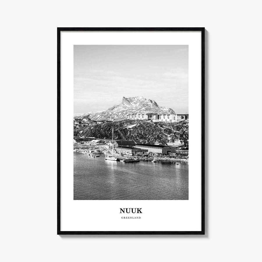 Nuuk black & white classic poster of Greenland – vertical wall art, unframed print shown in interior mockup