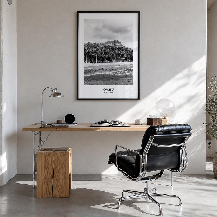 O‘ahu black & white classic poster of Hawaii, USA – vertical wall art in black wood frame, hanging on wall