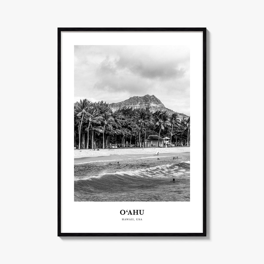 O‘ahu black & white classic poster of Hawaii, USA – vertical wall art, unframed print shown in interior mockup