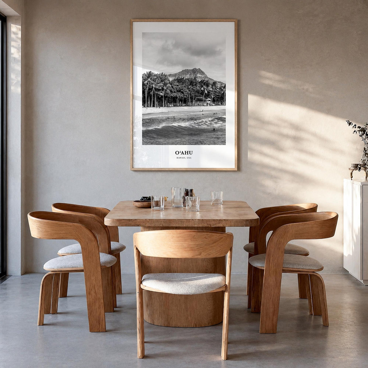 O‘ahu black & white classic poster of Hawaii, USA – vertical wall art in natural wood frame, hanging on wall