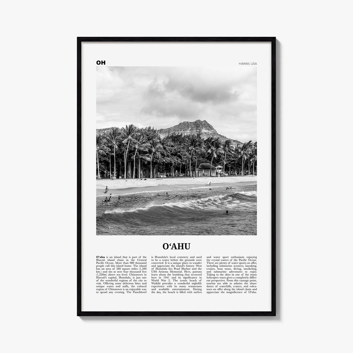 O‘ahu black & white newspaper poster of Hawaii, USA – vertical wall art, unframed print shown in interior mockup