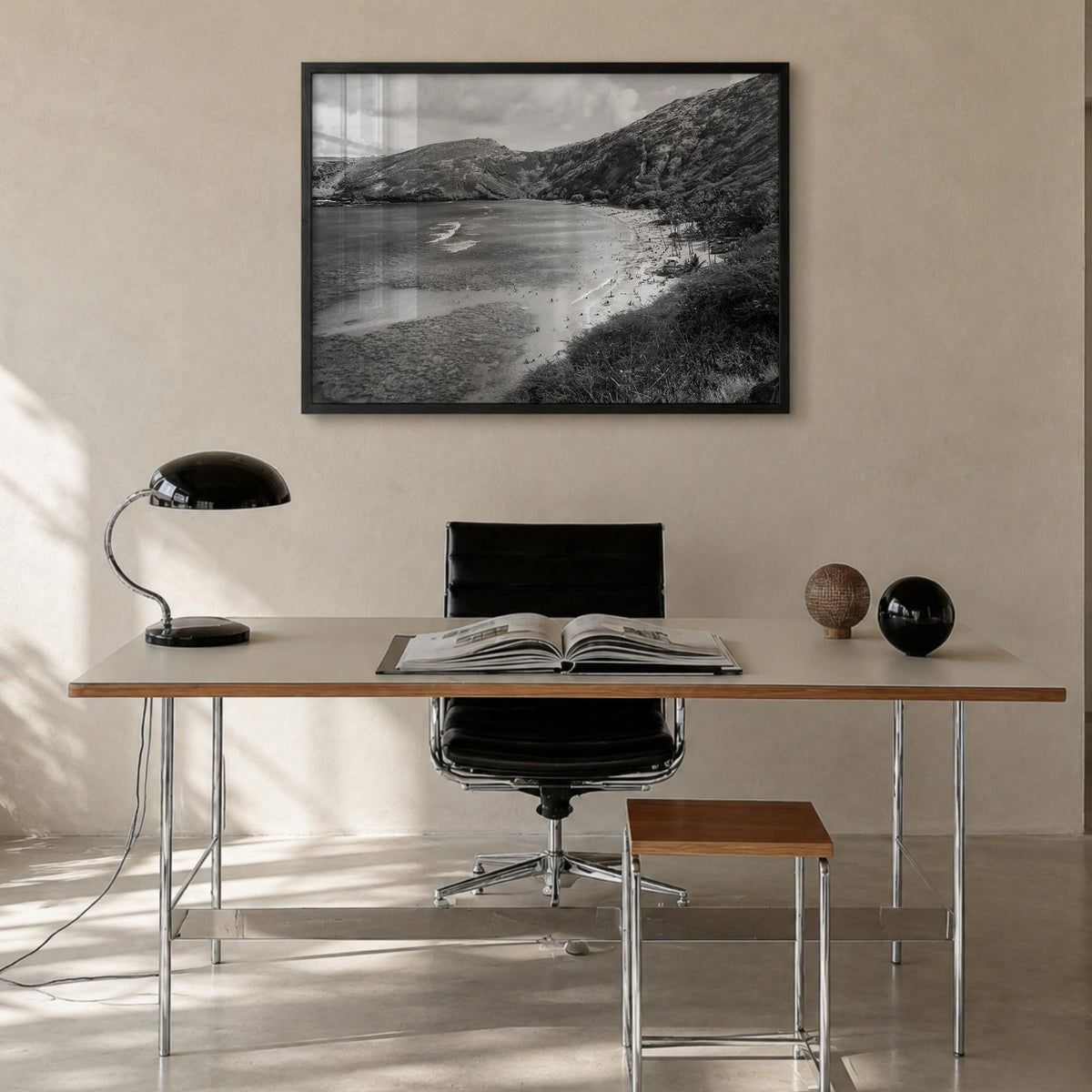 O‘ahu black & white photo poster of Hawaii, USA – horizontal wall art in black wood frame, hanging on wall
