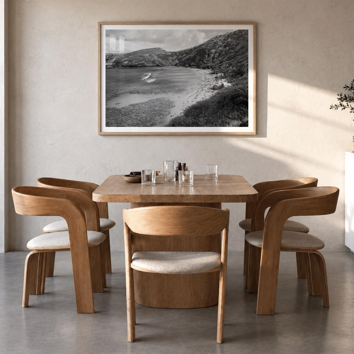 O‘ahu black & white photo poster of Hawaii, USA – horizontal wall art in natural wood frame with white border, hanging on wal