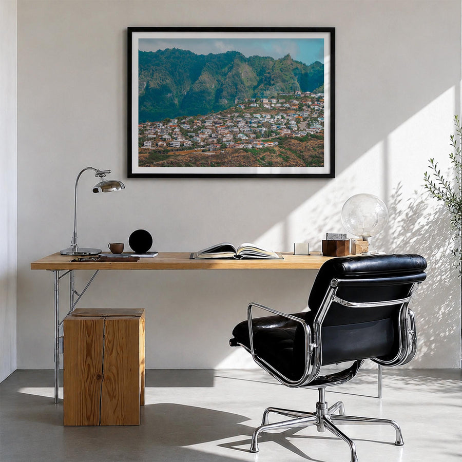 O‘ahu colorful photo poster of Hawaii, USA – horizontal wall art in black wood frame with white border, hanging on wall