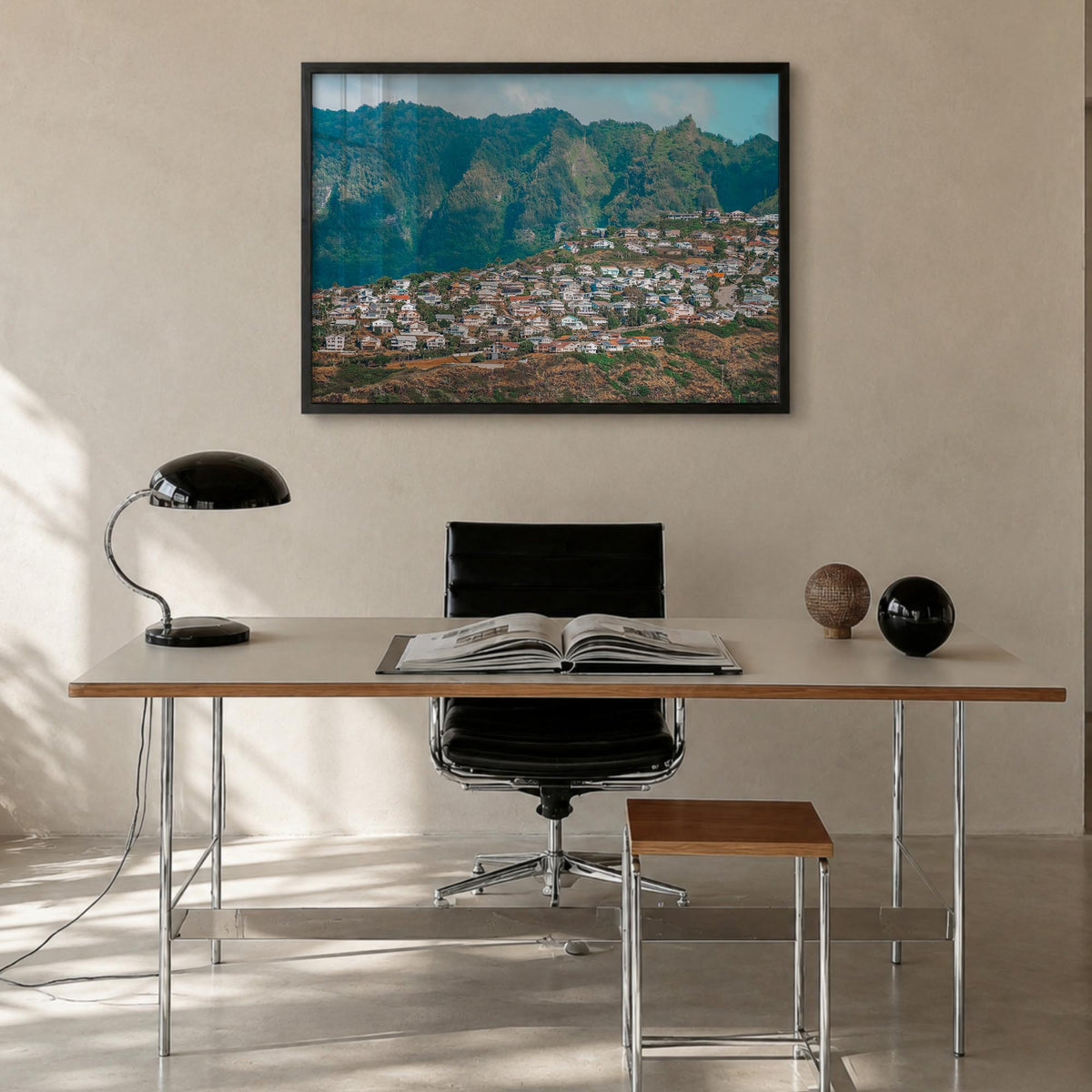 O‘ahu colorful photo poster of Hawaii, USA – horizontal wall art in black wood frame, hanging on wall