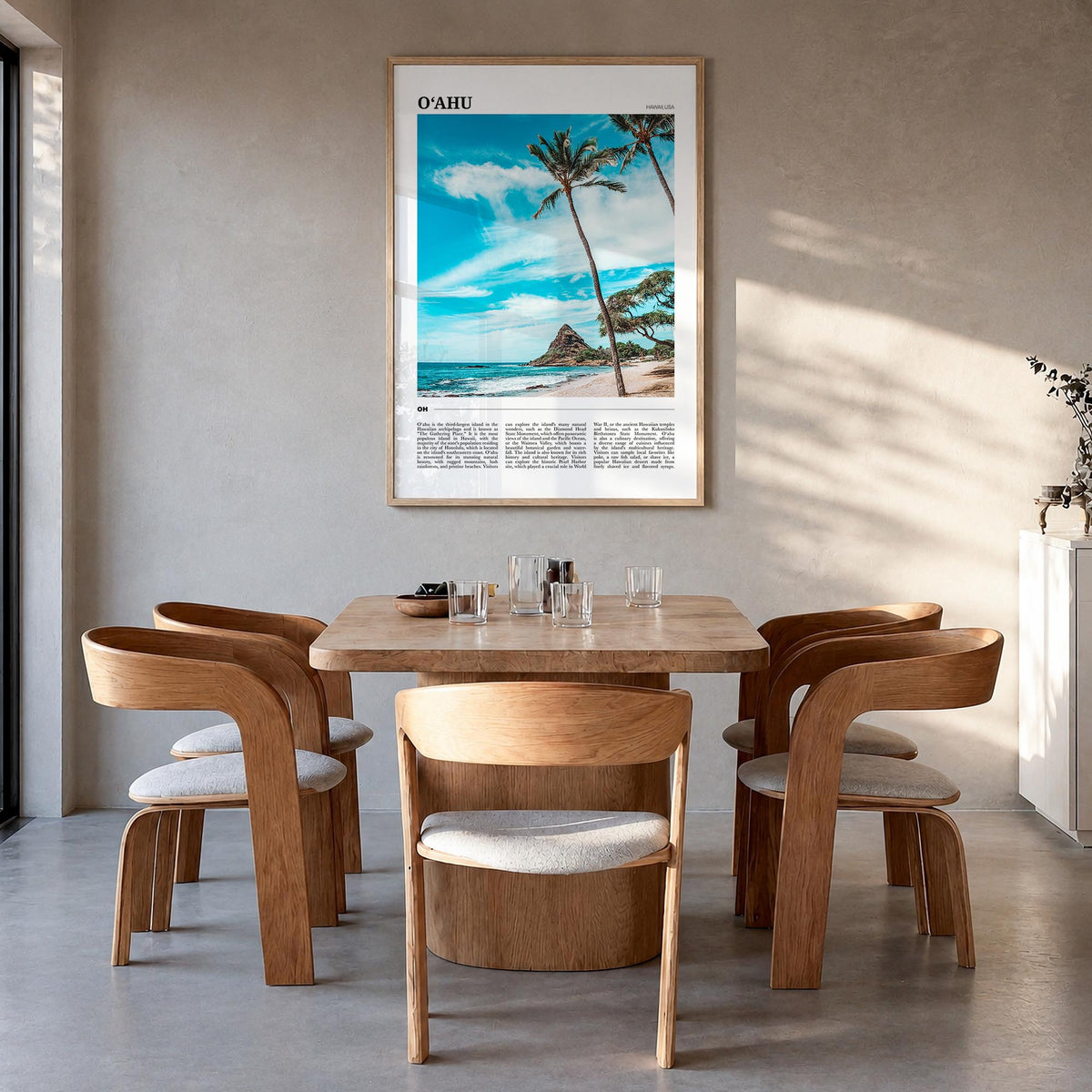 O‘ahu colorful travel poster of Hawaii, USA – vertical wall art in natural wood frame, hanging on wall
