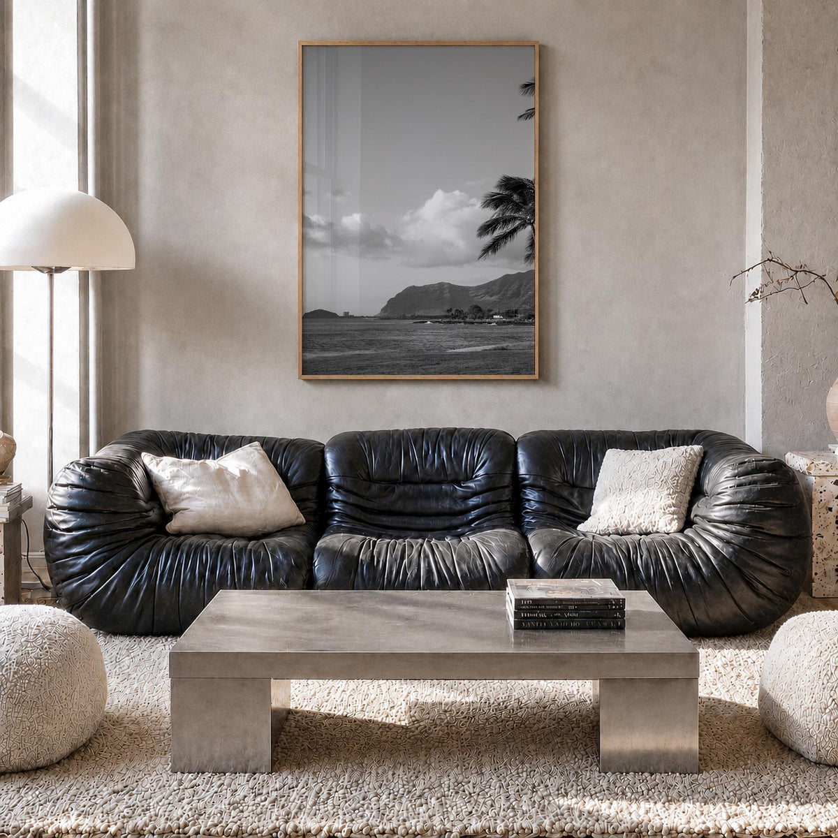 O‘ahu no. 1 black & white photo poster of Hawaii, USA – vertical wall art in natural wood frame, hanging on wall