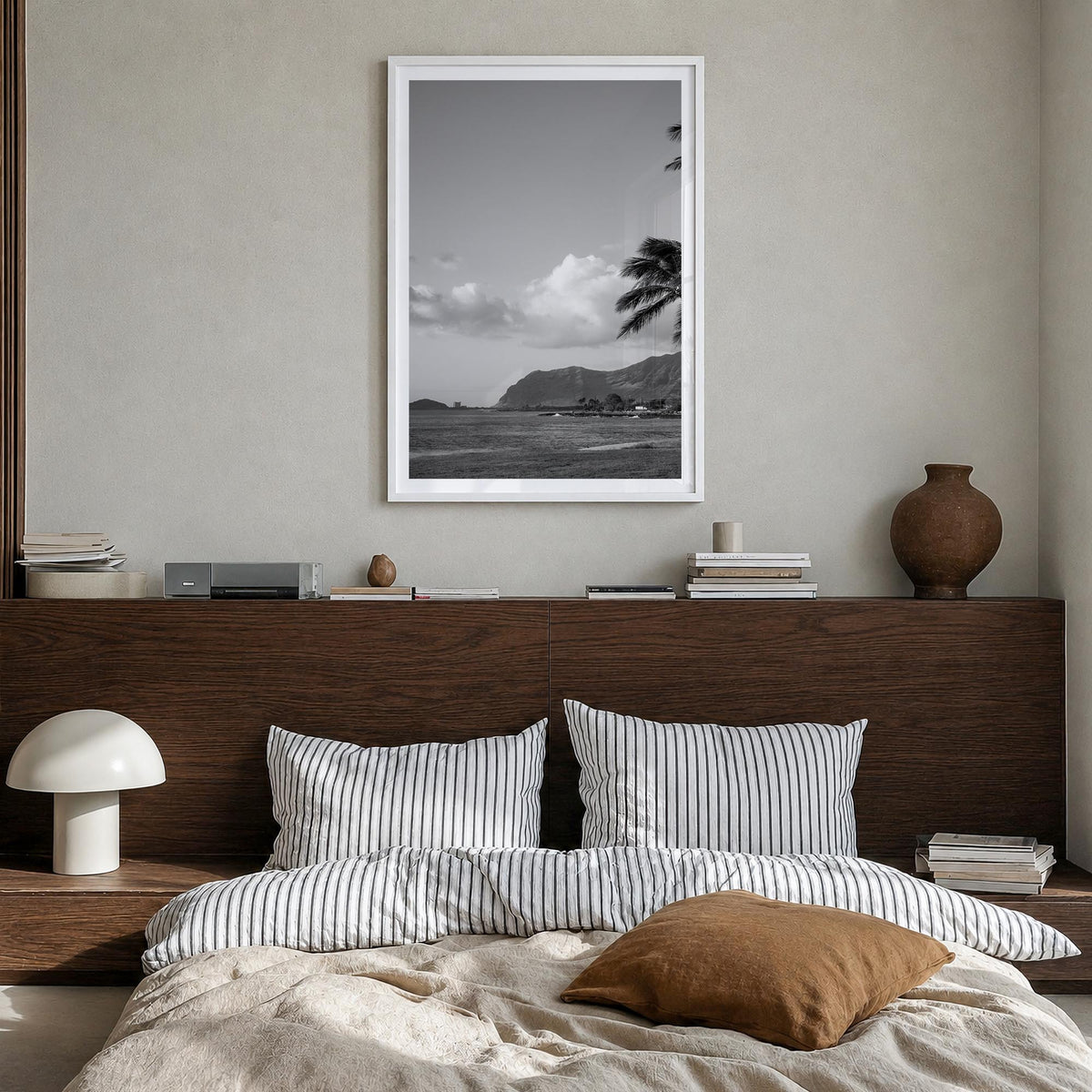 O‘ahu no. 1 black & white photo poster of Hawaii, USA – vertical wall art in white wood frame with white border, hanging on w
