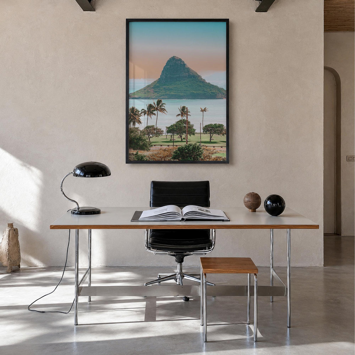 O‘ahu no. 1 colorful photo poster of Hawaii, USA – vertical wall art in black wood frame, hanging on wall