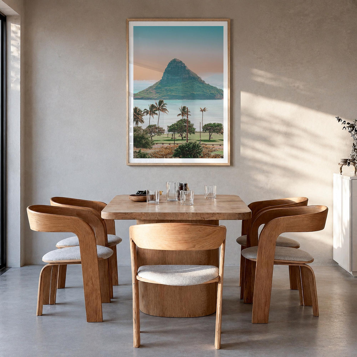 O‘ahu no. 1 colorful photo poster of Hawaii, USA – vertical wall art in natural wood frame with white border, hanging on wall