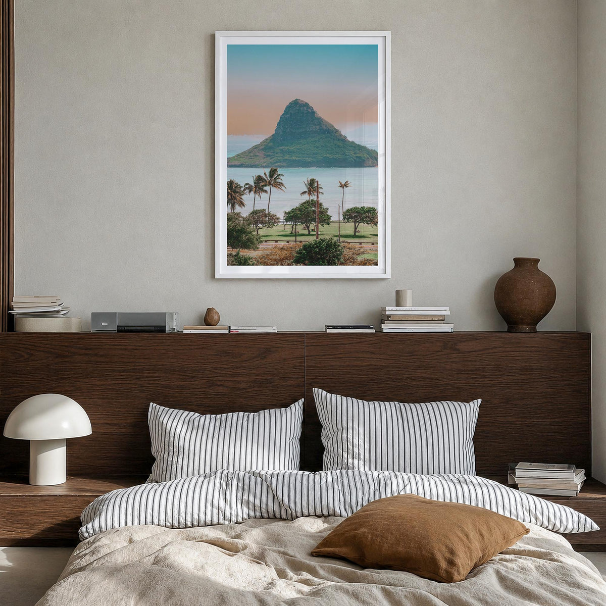 O‘ahu no. 1 colorful photo poster of Hawaii, USA – vertical wall art in white wood frame with white border, hanging on wall