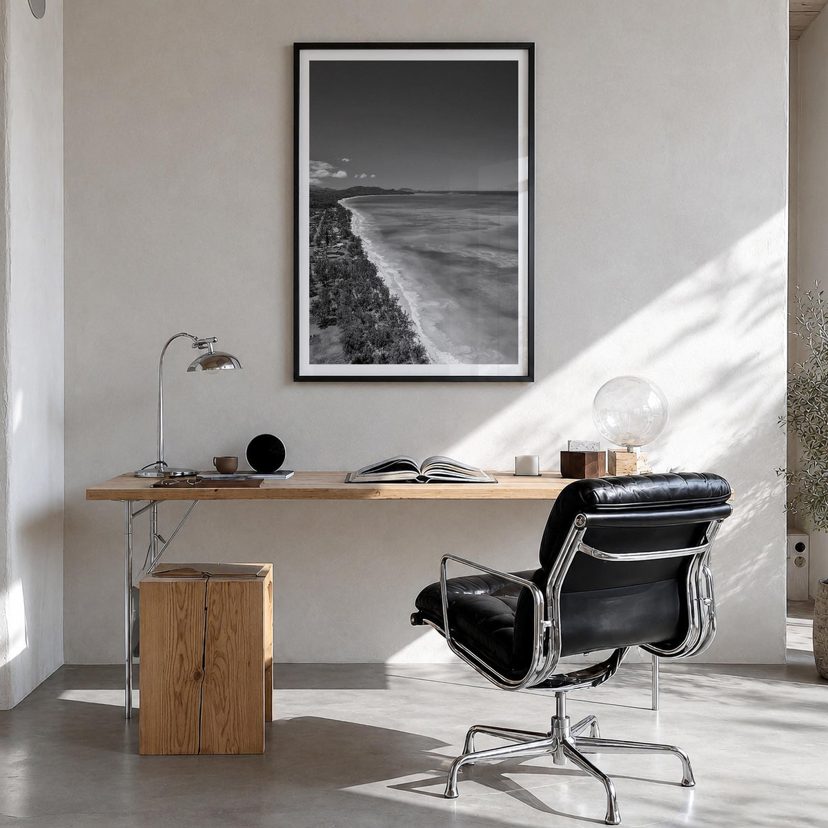 O‘ahu no. 2 black & white photo poster of Hawaii, USA – vertical wall art in black wood frame with white border, hanging on w