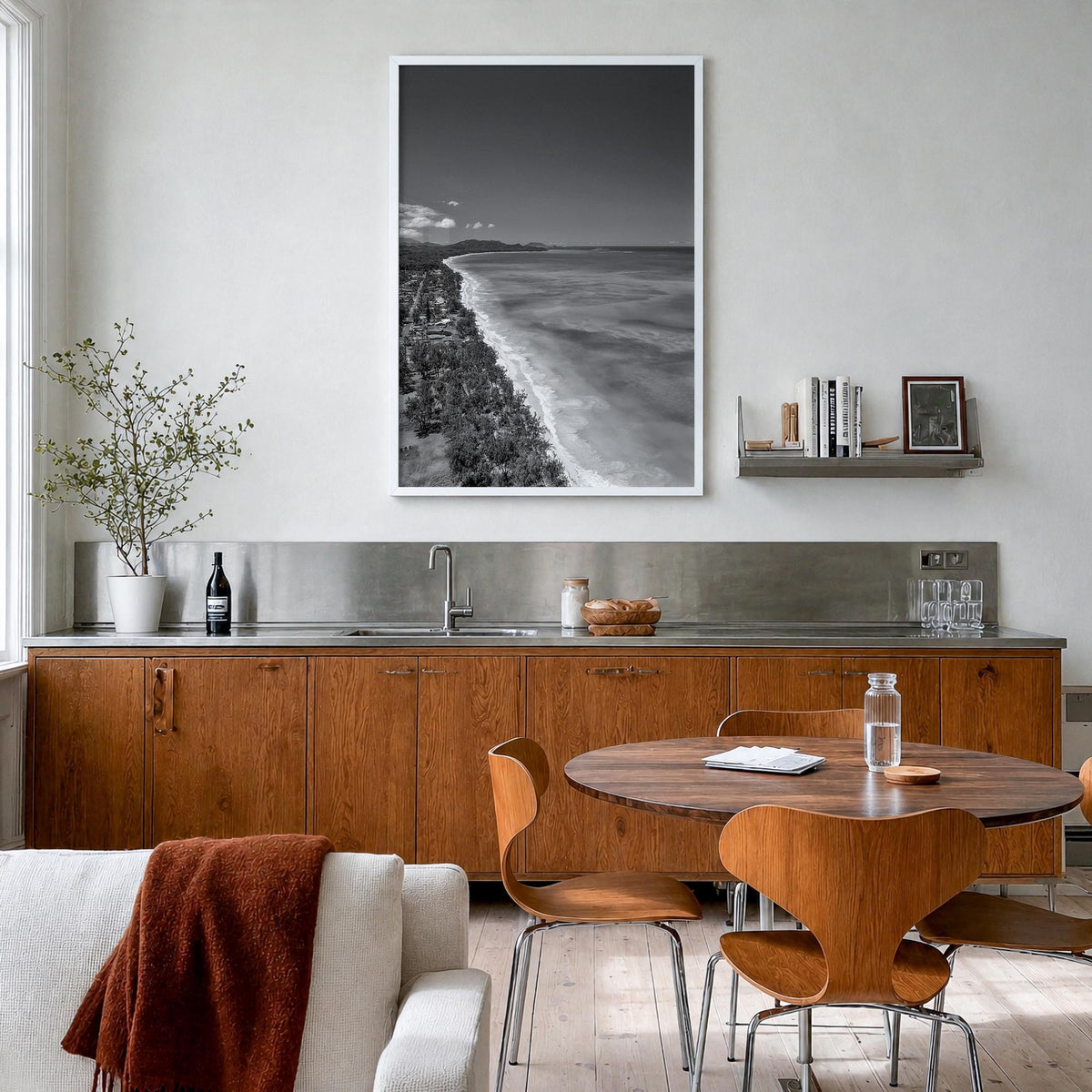 O‘ahu no. 2 black & white photo poster of Hawaii, USA – vertical wall art in white wood frame, hanging on wall
