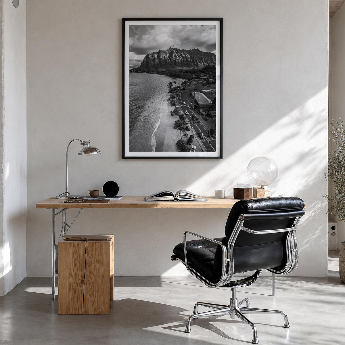 O‘ahu no. 3 black & white photo poster of Hawaii, USA – vertical wall art in black wood frame with white border, hanging on w