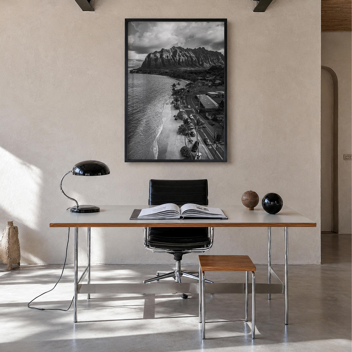 O‘ahu no. 3 black & white photo poster of Hawaii, USA – vertical wall art in black wood frame, hanging on wall