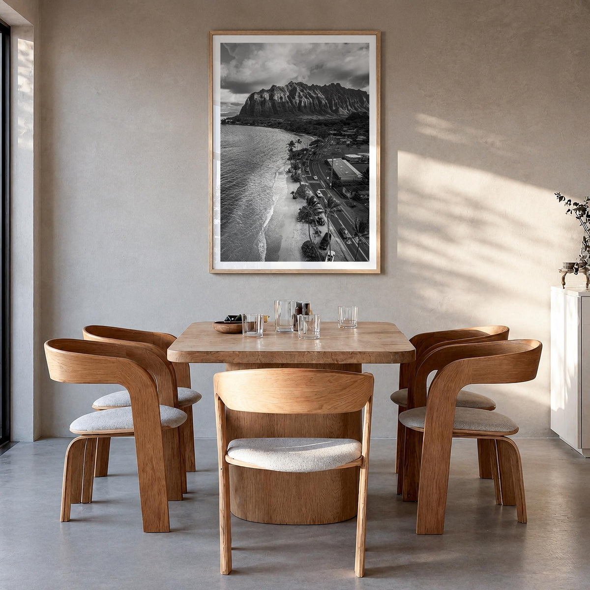 O‘ahu no. 3 black & white photo poster of Hawaii, USA – vertical wall art in natural wood frame with white border, hanging on