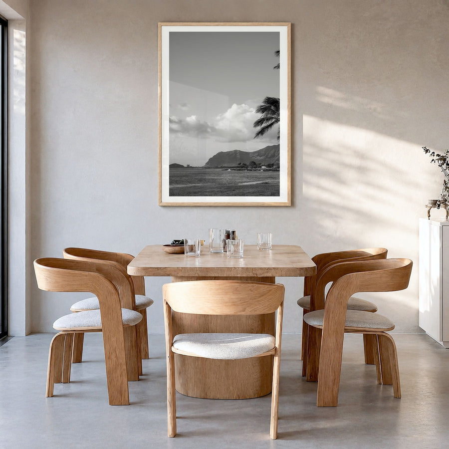 O‘ahu Photo No 1 Poster in a natural wood frame, hanging in a dining room, white border