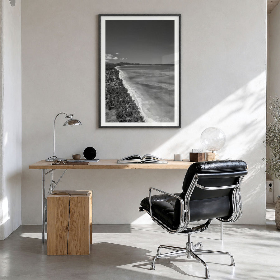 O‘ahu Photo No 2 Poster in a black wood frame, hanging in a bright home office, white border