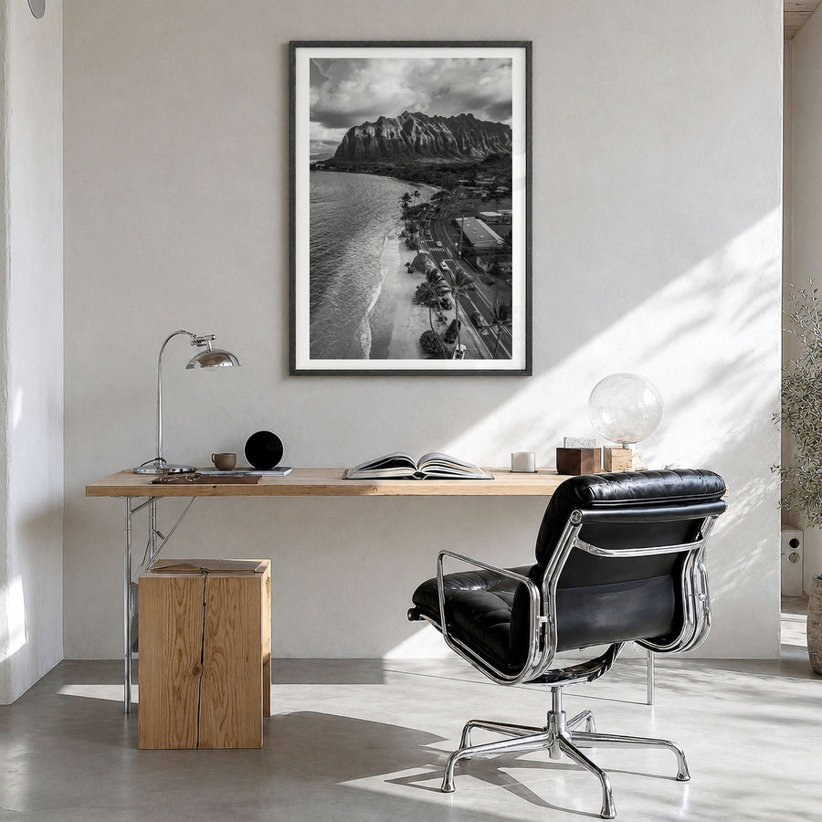 O‘ahu Photo No 3 Poster in a black wood frame, hanging in a bright home office, white border