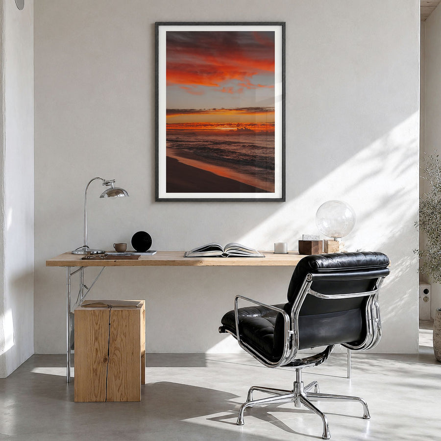 O‘ahu Photo No 2 Poster in a black wood frame, hanging in a bright home office, white border