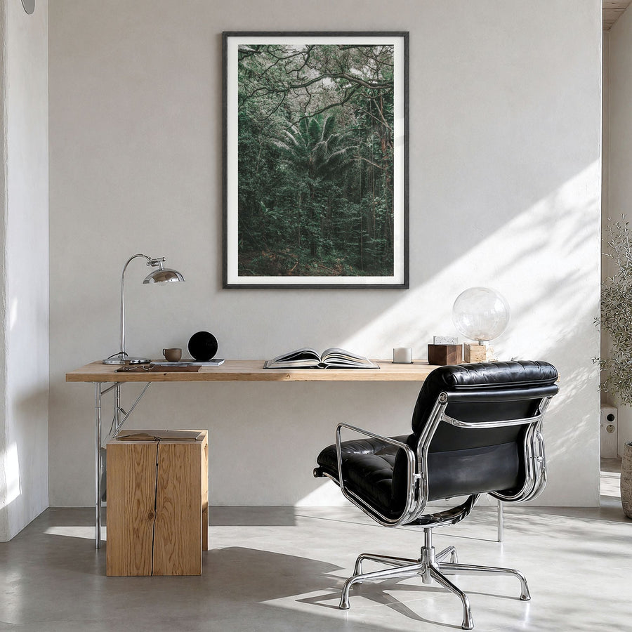 O‘ahu Photo No 3 Poster in a black wood frame, hanging in a bright home office, white border