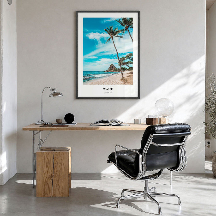 o'Ahu Classic Poster in a black wood frame, hanging in a bright home office