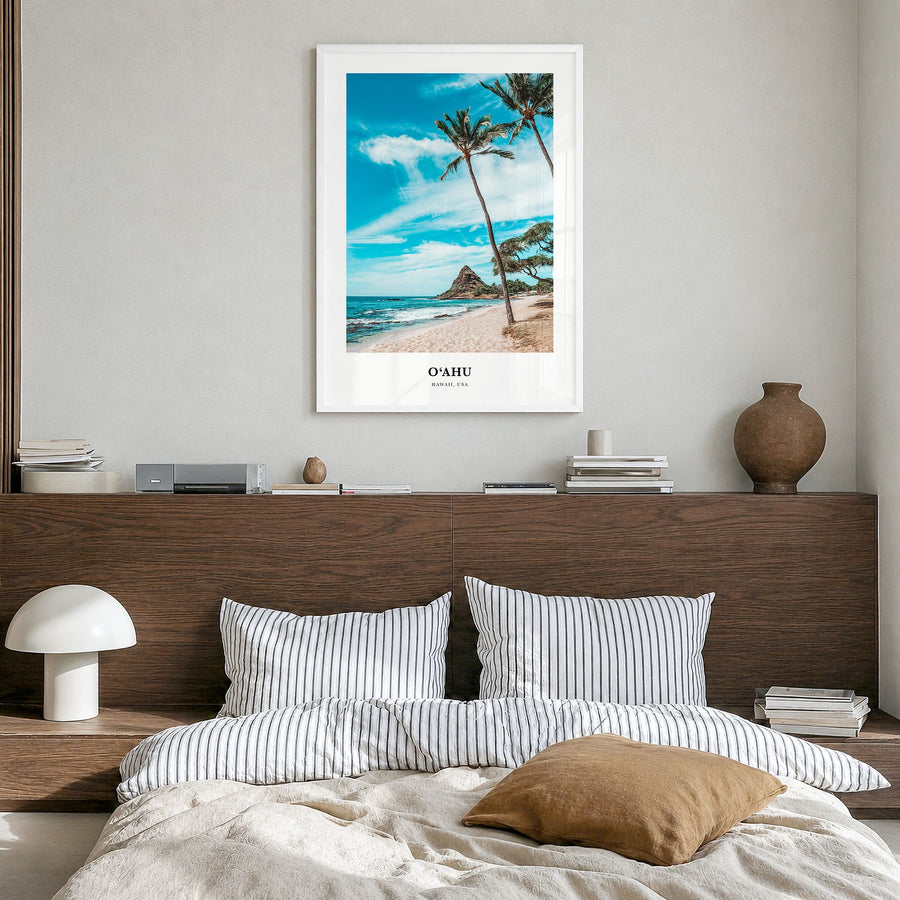 o'Ahu Classic Poster in a white wood frame, hanging in a bedroom