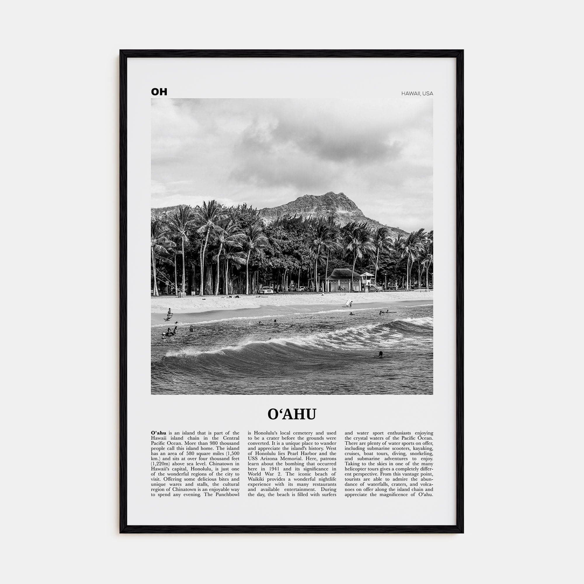 O‘ahu Poster Black Wood / 8x12 in Nbourhood Travel B&W Poster