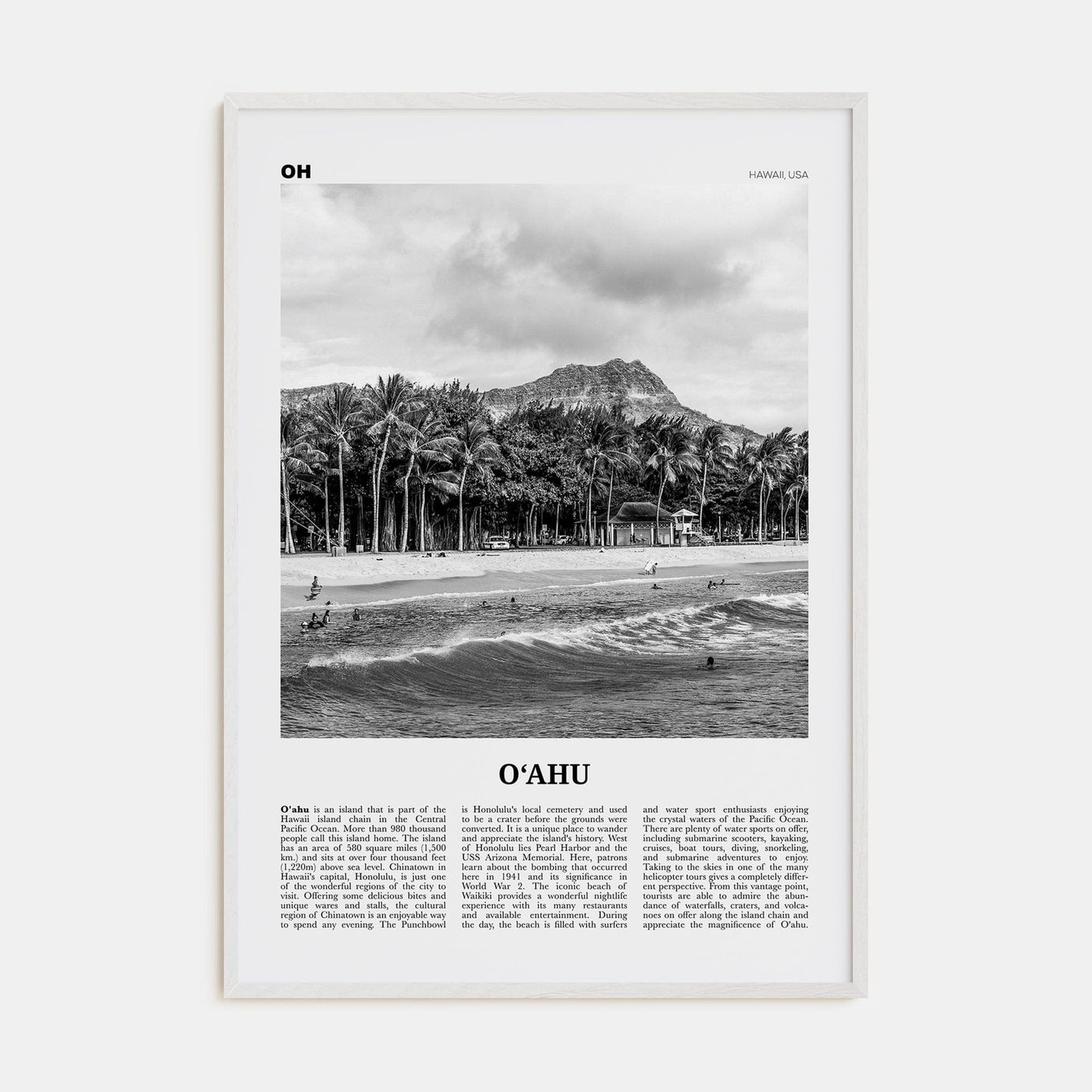 O‘ahu Poster White Wood / 8x12 in Nbourhood Travel B&W Poster