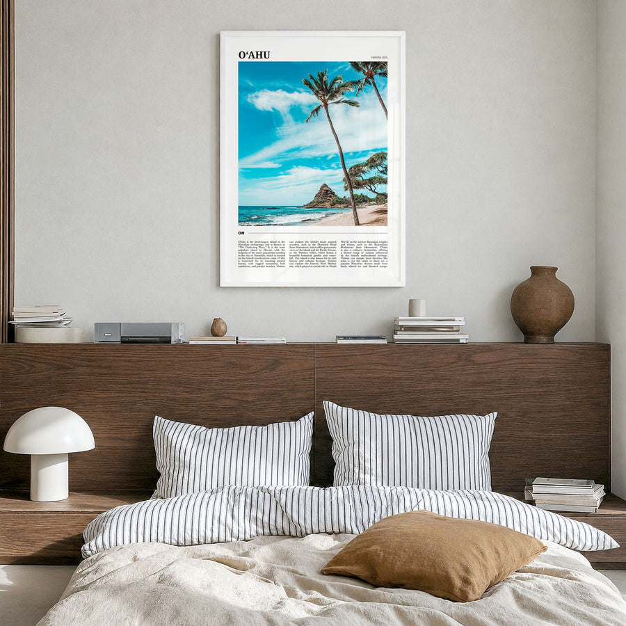 o'Ahu Travel Poster in a white wood frame, hanging in a bedroom