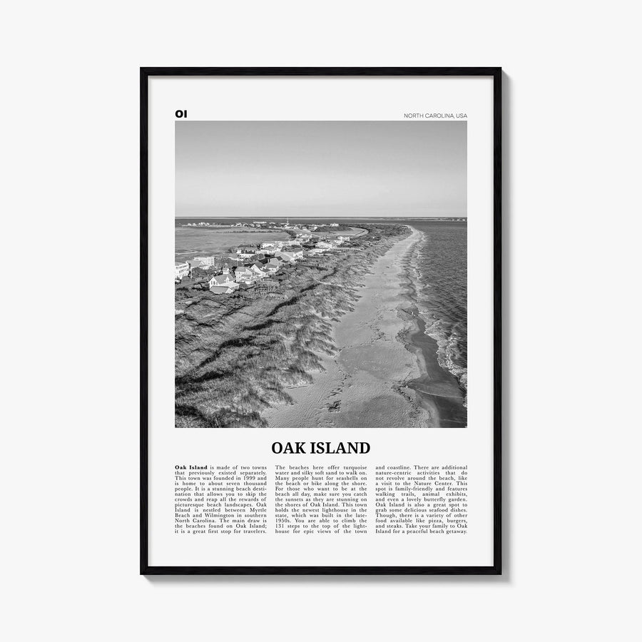 Oak Island black & white newspaper poster of North Carolina, USA – vertical wall art, unframed print shown in interior mockup