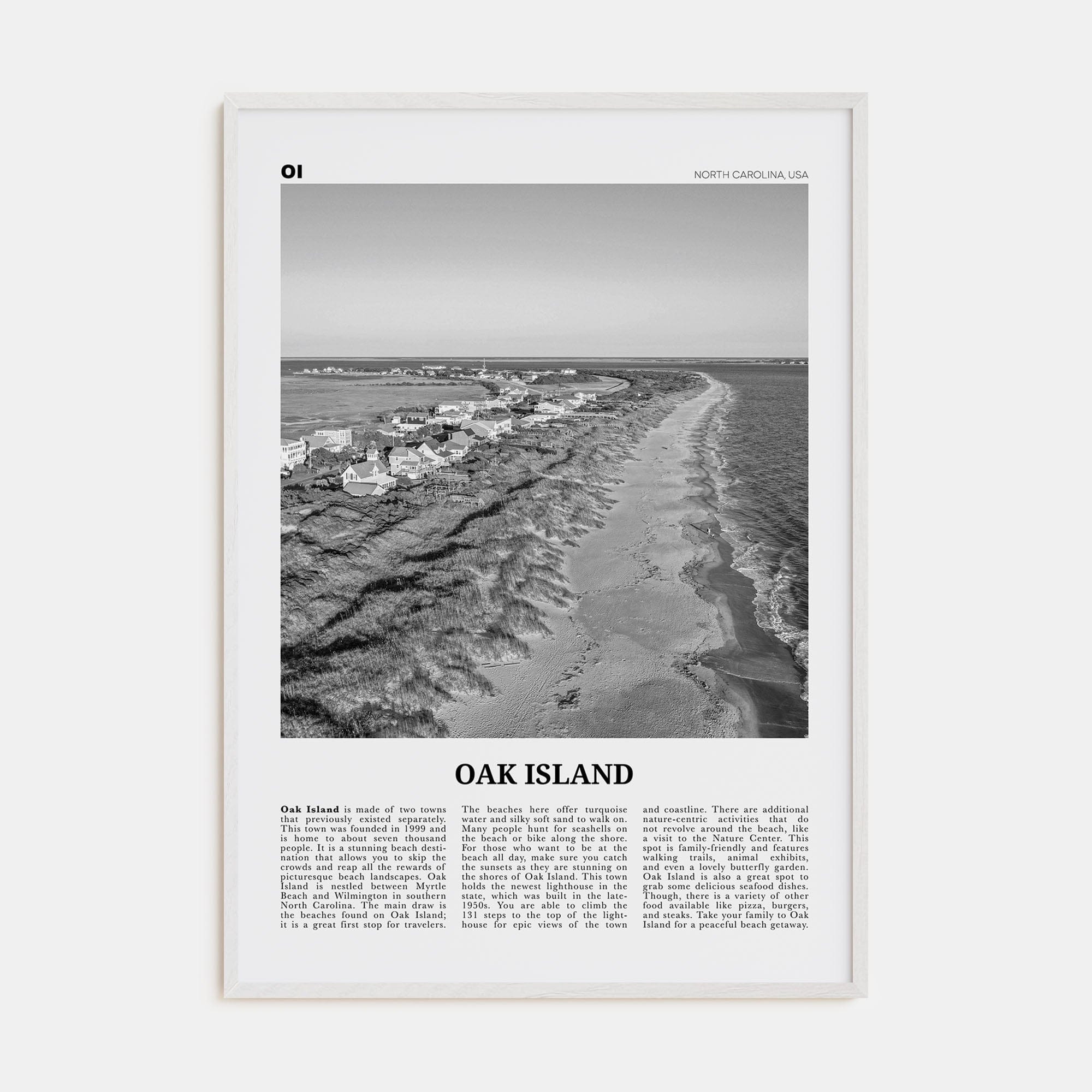 Oak Island Poster White Wood / 8x12 in Nbourhood Travel B&W Poster