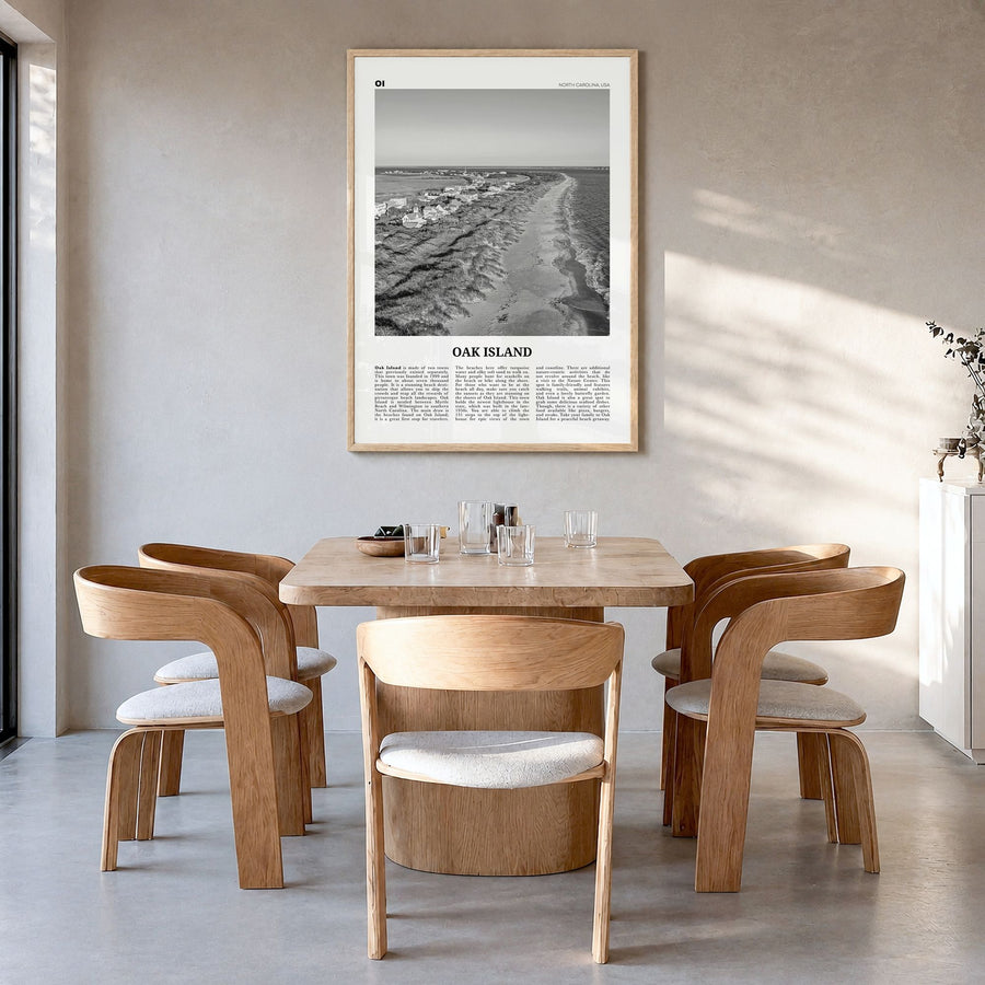 Oak Island Newspaper Poster in a natural wood frame, hanging in a dining room