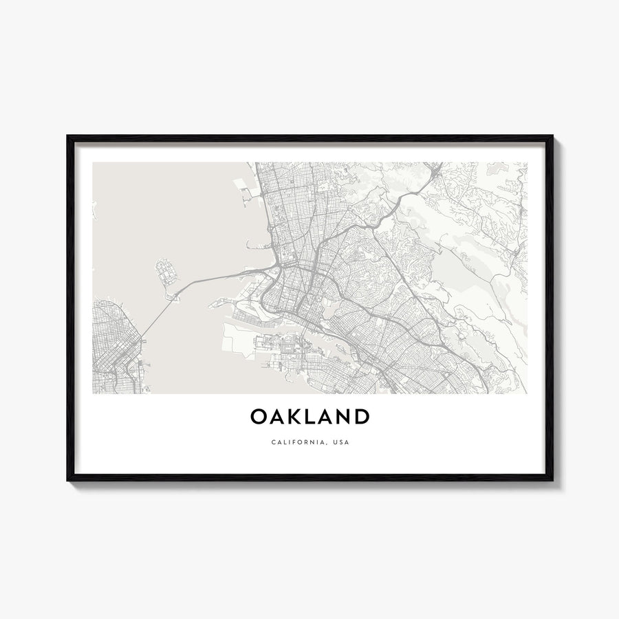 Oakland black & white map poster of California, USA – horizontal wall art, unframed print shown in interior mockup