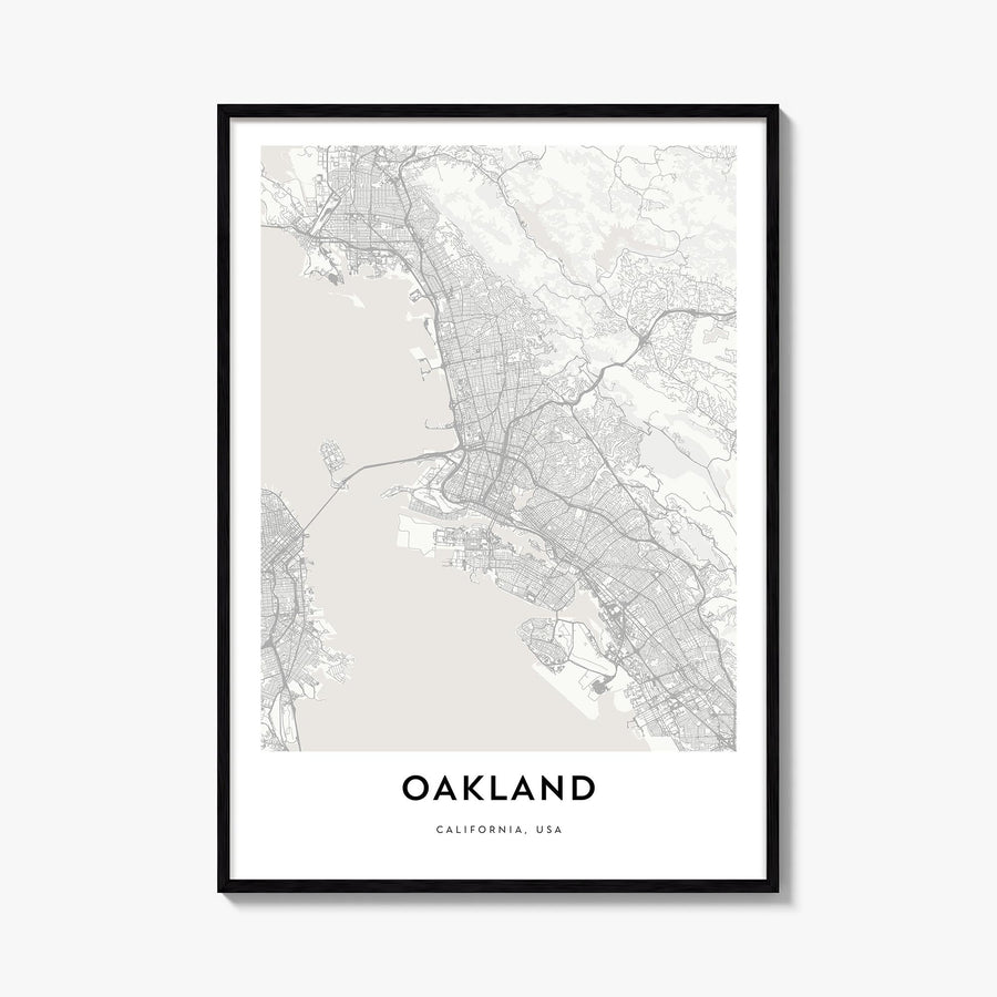 Oakland black & white map poster of California, USA – vertical wall art, unframed print shown in interior mockup