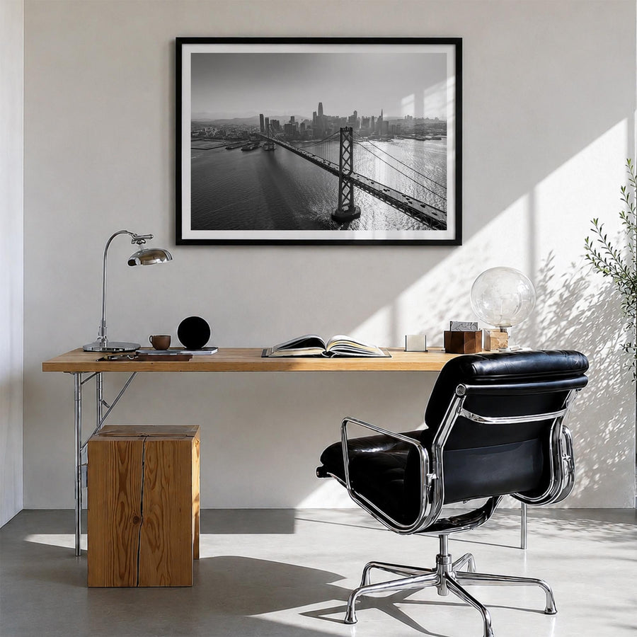 Oakland black & white photo poster of California, USA – horizontal wall art in black wood frame with white border, hanging on