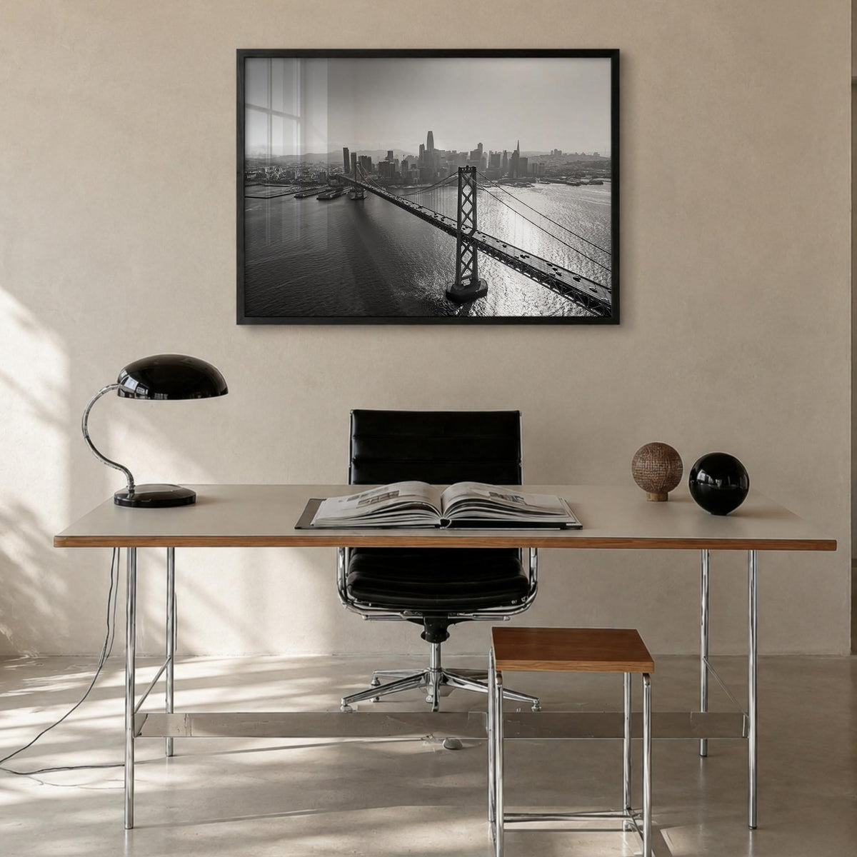 Oakland black & white photo poster of California, USA – horizontal wall art in black wood frame, hanging on wall
