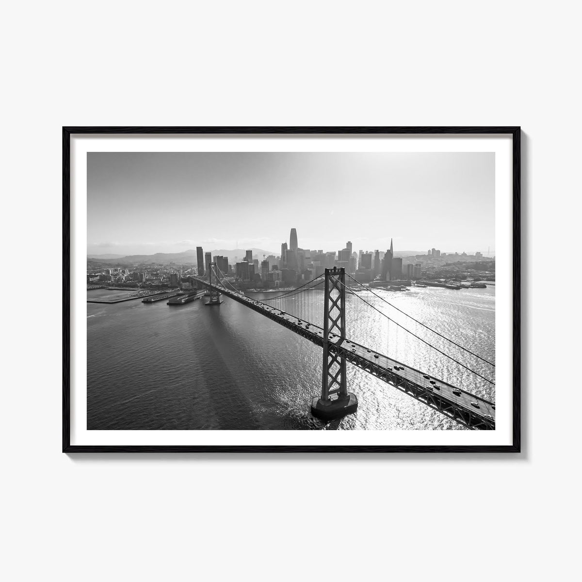 Oakland black & white photo poster of California, USA – horizontal wall art, unframed print shown in interior mockup
